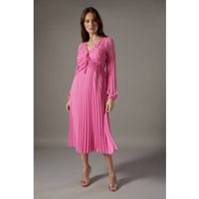 Lace Insert Long Sleeve Pleat Dress - Pink - 12