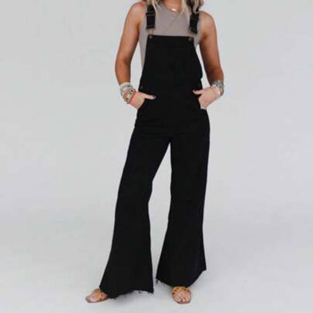 SHEIN Women Denim Bib Overalls Washed Ripped Baggy Flared Jean Jumpsuit Romper Pants With Pockets For Streetwear