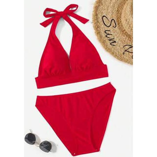 SHEIN Women&#39;s Summer Beach Solid Color Halter Tie Sexy Bikini Two-Piece Swimsuit Sets