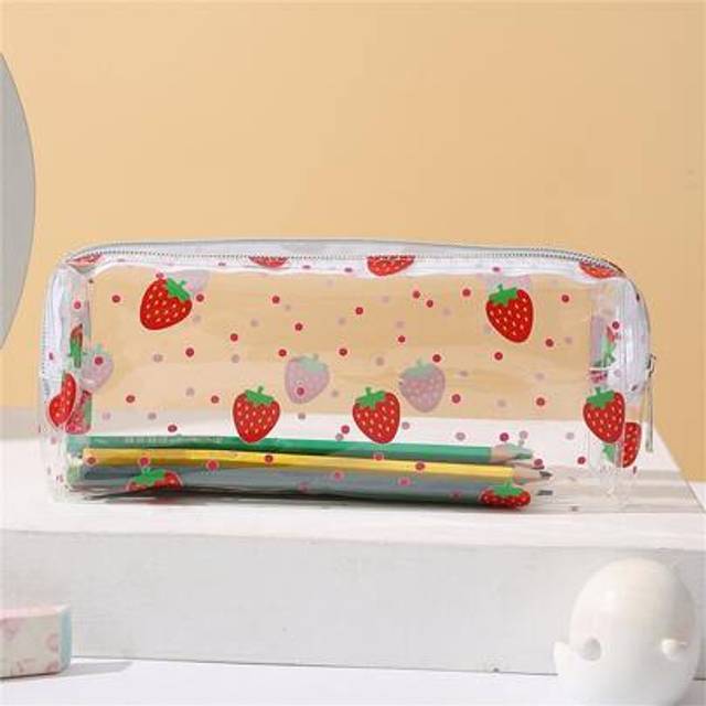 SHEIN 1pc Hand-Painted Strawberry & Cow Pattern Transparent PVC Pencil Case, Cosmetic Bag,Back To School,School Supplies