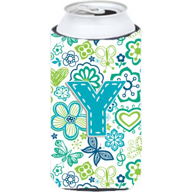 Letter Y Flowers and Butterflies Teal Blue Tall Boy Beverage Insulator Hugger CJ2006-YTBC