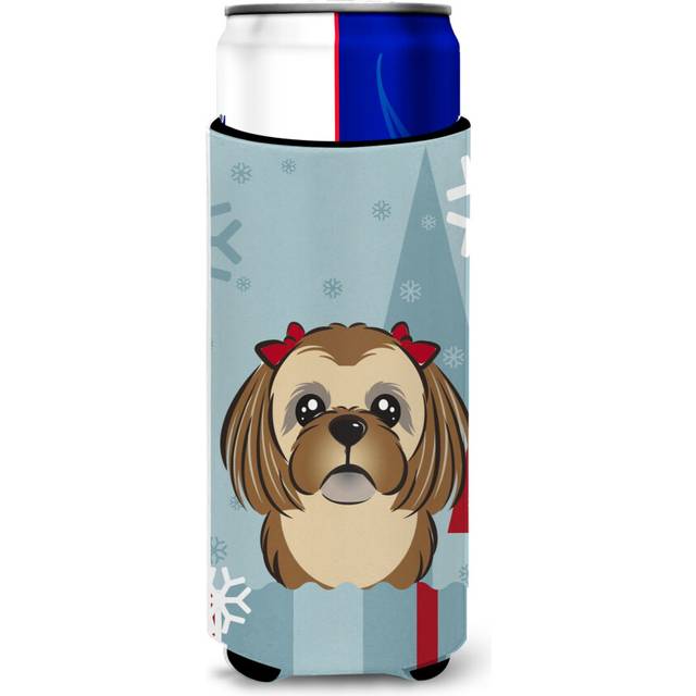Caroline's Treasures Winter Holiday Chocolate Brown Shih Tzu Michelob Ultra Koozies for Slim Cans  Multicolor