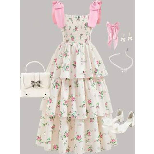 SHEIN Summer Ditsy Floral Strap Removable Bow Decor Vintage Floral Cami Dress For Teenage Girls, Elegant Fit & Flare Mini Dress For Petite Ladies