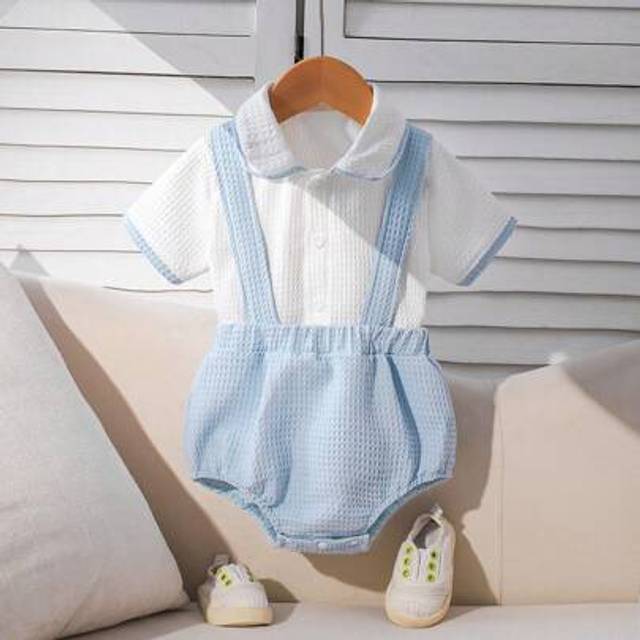 SHEIN 2pcs Baby Boy Summer Outfit: White Waffle Fabric Shirt With Apricot Trim, Button-Up Collar Casual Top + Apricot Waffle Fabric Suspender Shorts With Ad