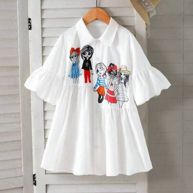 SHEIN Girls Colorful Cartoon Print Simple Fashion Casual Collared Dress