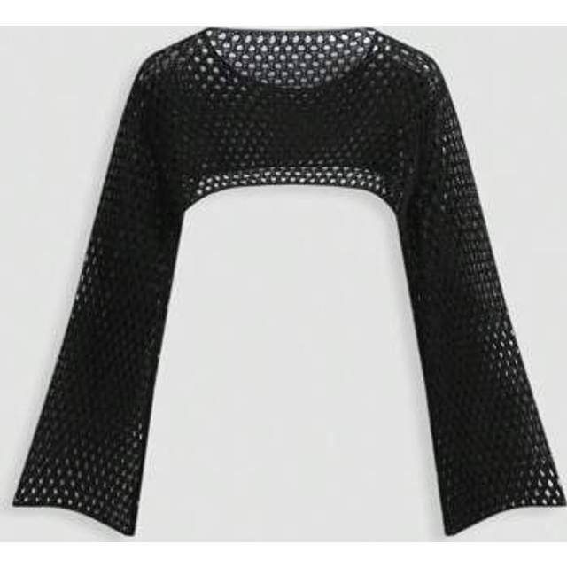 SHEIN Plus Size Women Solid Color Round Neck Long Sleeve Hollow-Out Cropped Sweater