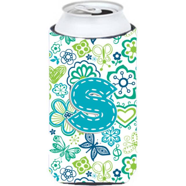 Letter S Flowers and Butterflies Teal Blue Tall Boy Beverage Insulator Hugger CJ2006-STBC