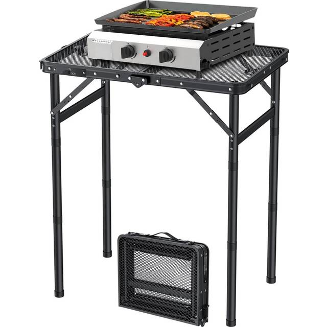 Folding Grill Table For Outside, 3 Height Adjustable Portable Camping Table, Lightweight Metal Aluminum Outdoor Table With Portable Handle For Camping - Black