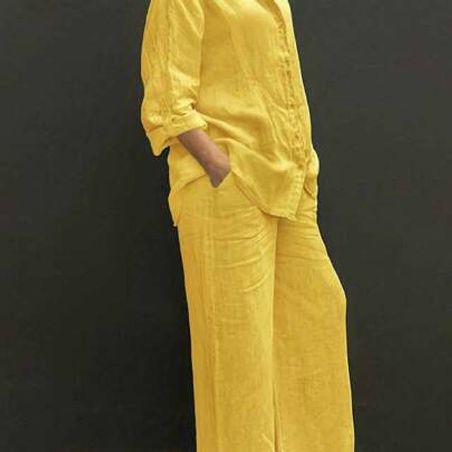 SHEIN Casual Polo Collar Cardigan & Wide Leg Pants Set, Elegant, Versatile, Slimming, Solid Color Chic Shirt Top, Soft Fabric, Comfortable For Beach Vacatio