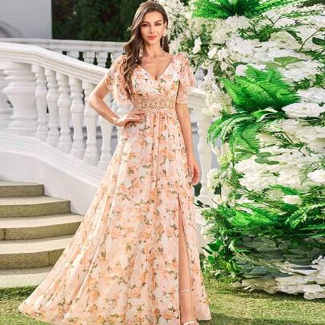 SHEIN Women V-Neck Flowy Sleeve Digital Print Waist Sequins Embroidered High Split Chiffon Bridesmaid Dress (Random Print), Birthday Women Outfits, Graduati