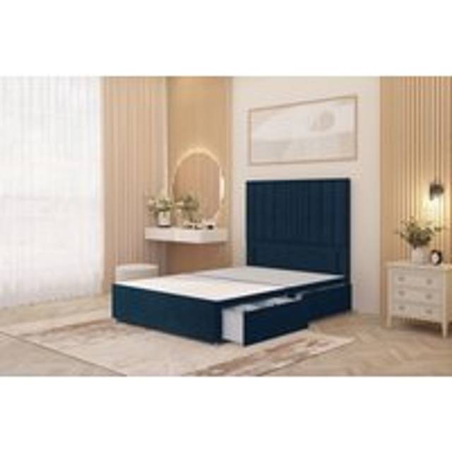 Alexas Divan 4 Draw Bed Base with Floor Standing Headboard Plush Velvet - Navy - Small Double