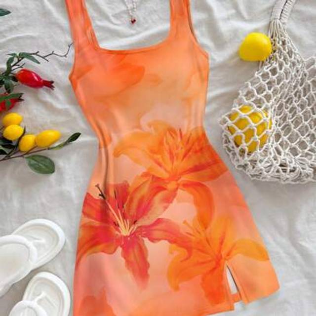 Soleia Casual Vacation Style Orange Hibiscus Tropical Floral Print U Neck Backless Mini Dress, Suitable For Summer Beach Resort Chic Dress