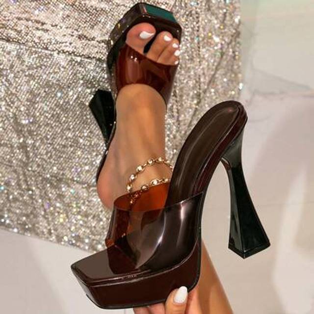 SHEIN Women&#39;s High Heel Waterproof Platform Chunky Heel Square Toe Brown Decorate Transparent Elegant Party Sandals, Suitable For Outdoor Wear