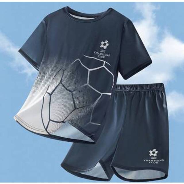 SHEIN 2pcs/Set Teen Boys Graphic Soccer Pattern Round Neck Short Sleeve T-Shirt And Shorts Sports Outfit, Spring/Summer