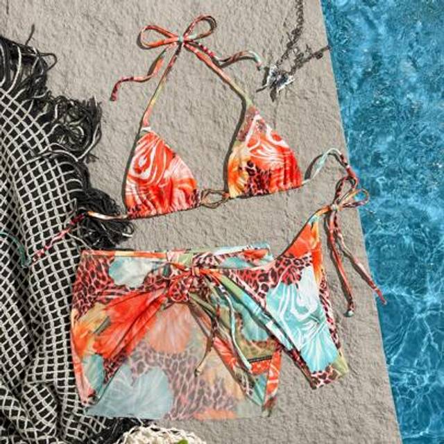 SHEIN New Spring And Summer Beach Pool Party Flower Leopard Print Metal Buckle Short Skirt Bikini Three Pieces Set Swimsuit For Women