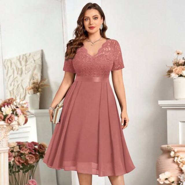 SHEIN Plus Floral Lace V-Neck Ruffle Trim Chiffon A-Line Hem Semi Formal Party Swing Dress