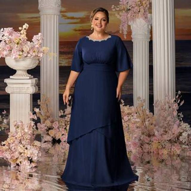 SHEIN Elegant Plus-Size Evening Gown With Beaded Round Neckline, Three-Quarter Flutter Sleeves & Asymmetrical Layered Hemline â Structured Waist For Curvy