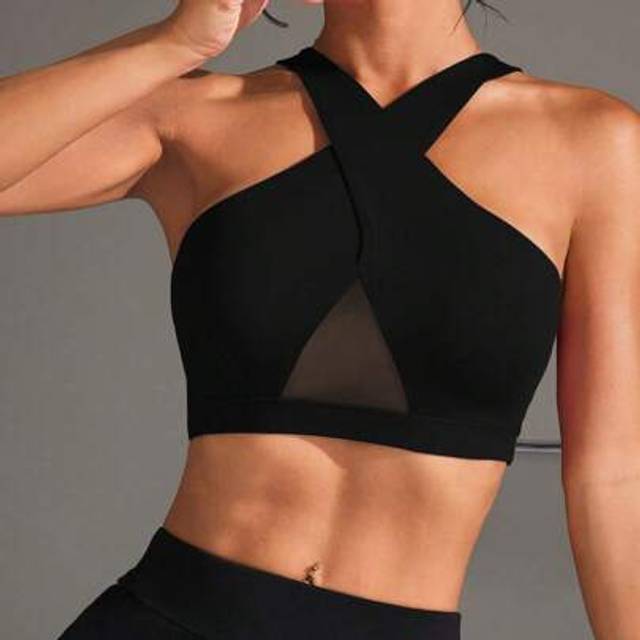 SHEIN Solid Color Mesh Patchwork Criss-Cross Wrap Sports Bra