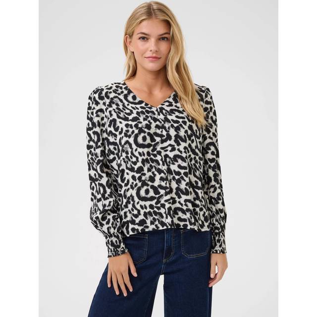 Kaffe, Blouses, female, Black, 2XL, Leopard Print Blouse with V-Neck