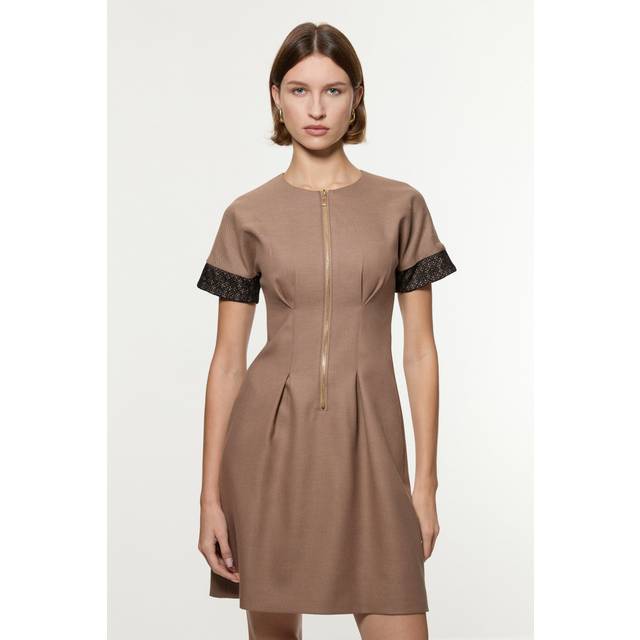 Petite Tailored Twill Lace Mix Zip Front Mini Dress - Taupe