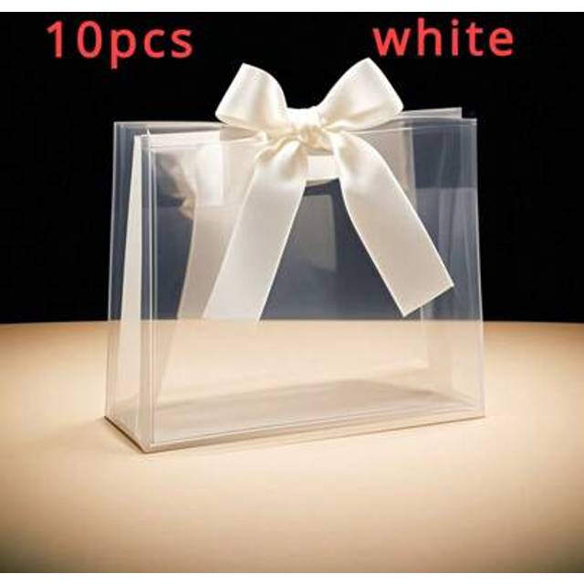 SHEIN 5/10pcs Elegant Clear Gift Bags With White Ribbon Handles - Durable Plastic, Perfect For Weddings, Birthdays, Graduations, Versatile Party Favor Bags