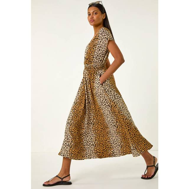 Animal Print Shirred Waist Maxi Dress - Camel - 18