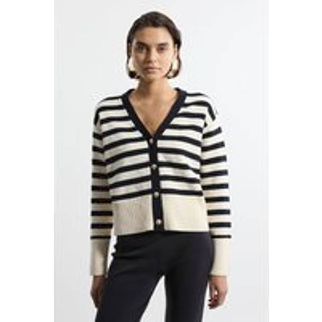 Cotton V Neck Knit Boxy Striped Cardigan - Cream