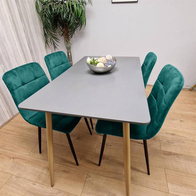 Wooden Dining Table Set for 4 Grey Wooden Table and 4 Green Velvet Chairs (4)