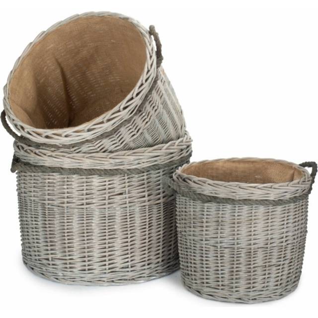 Set of 3 Wicker Grey Wash Round Hessian Lined Log Basket - One Size