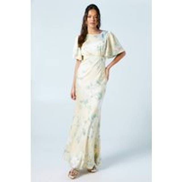 Dahlia Printed Angel Sleeve Satin Bridesmaid Dress - Lemon - Yellow - 14