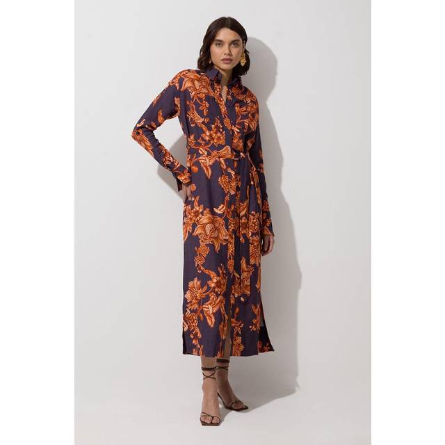 Viscose Linen Woven Shirt Dress - Navy