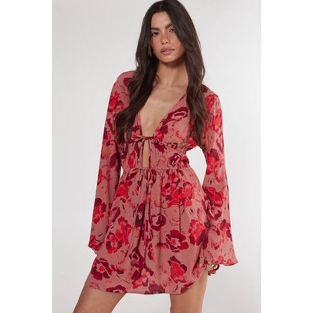 Womens Floral Ruched Tie Front Fluted Sleeve Tunic Dress - Pink - 4