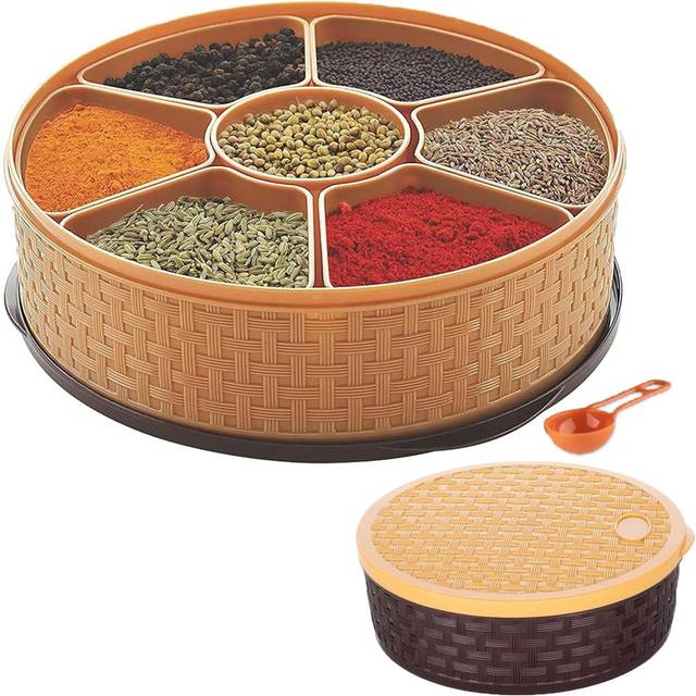 (Round) MantraRaj Plastic Spice Box with 7 Compartments Multipurpose Masala Dabba Organizer for Kitchen Airtight, Leak-Proof, Food Grade Material
