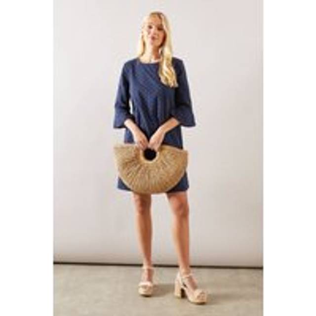 Womens Petite Broderie Flute Sleeve Dress - Navy - 8
