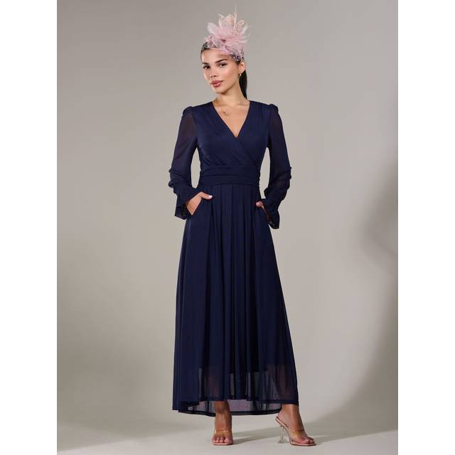 Petite Long Sleeve Mesh Maxi Dress - Navy - 8