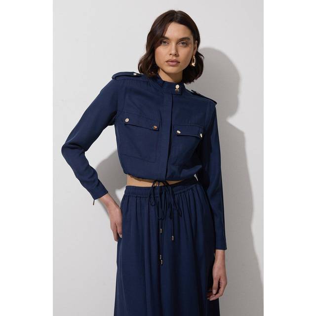 Premium Viscose Linen Topstitch Woven Bomber Jacket - Navy - 10