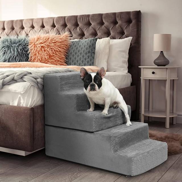 Dog Stairs, Pet Stairs 5-Step Anti-Slip Rubber Bottom Memory Foam Dog Steps With Removable Washable Cover For Smaller & Elder Pets, Sturdy Steps For D - Grey (57cm H X 38cm W X 38cm D)