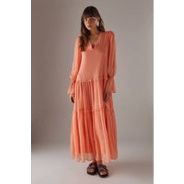 Womens Premium Raw Edge Georgette Tiered Maxi Dress - peach - Peach - 10