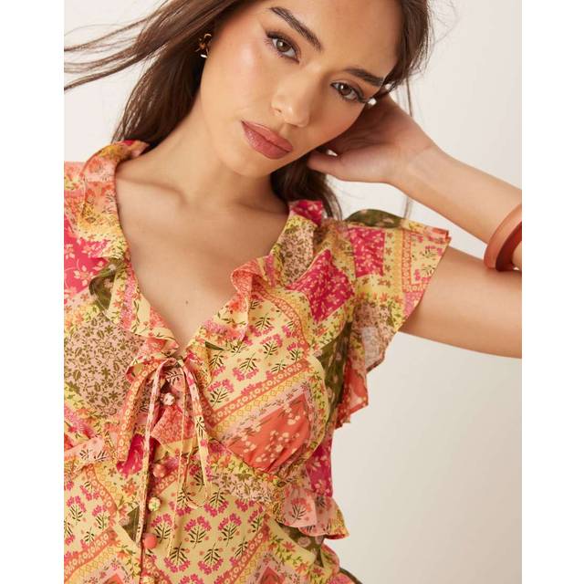 Nobody's Child Marigold Ruffle Cap Sleeve Patchwork Top, Multi