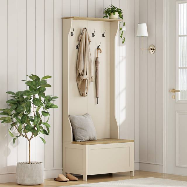 Cream coat stand with shoe storage, hallway unit & storage bench, vonhaus