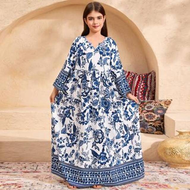 SHEIN Tween Girls&#39; Casual Vacation Vintage Floral Prints Open Collar Ruched Splice Loose Swing Knee-Length 3/4 Sleeve Dress