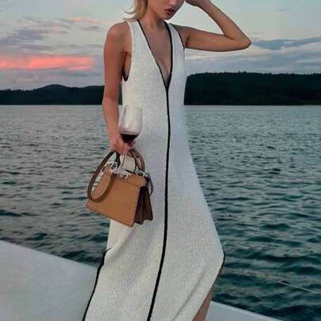 SHEIN Spring Summer Elegant Wedding Casual Holiday Style Fitted Sleeveless Slit Knit Beach Dress Colorblocking Design Long Smocked Dresses