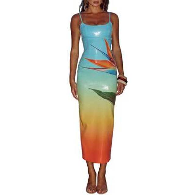 SHEIN Women&#39;s Summer Long Dress U Neck Sleeveless Spaghetti Strap Leaves Pattern Slit Hem Contrasting Color Sequins Slim Dress
