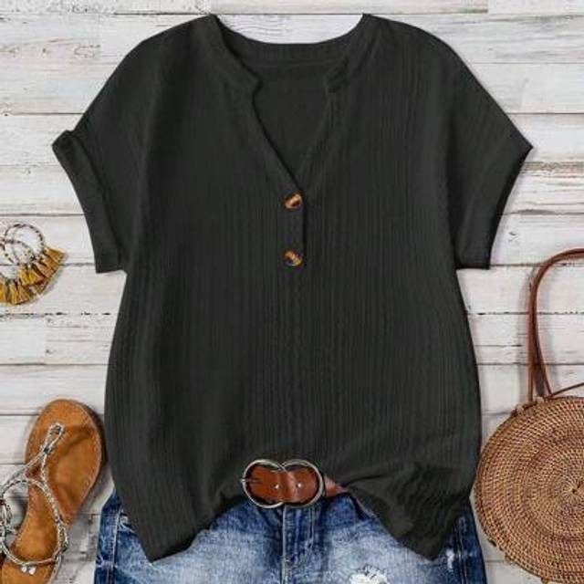 SHEIN Plus Size Plain Button Front Short Sleeve Simple T-Shirt, Casual Daily Wear