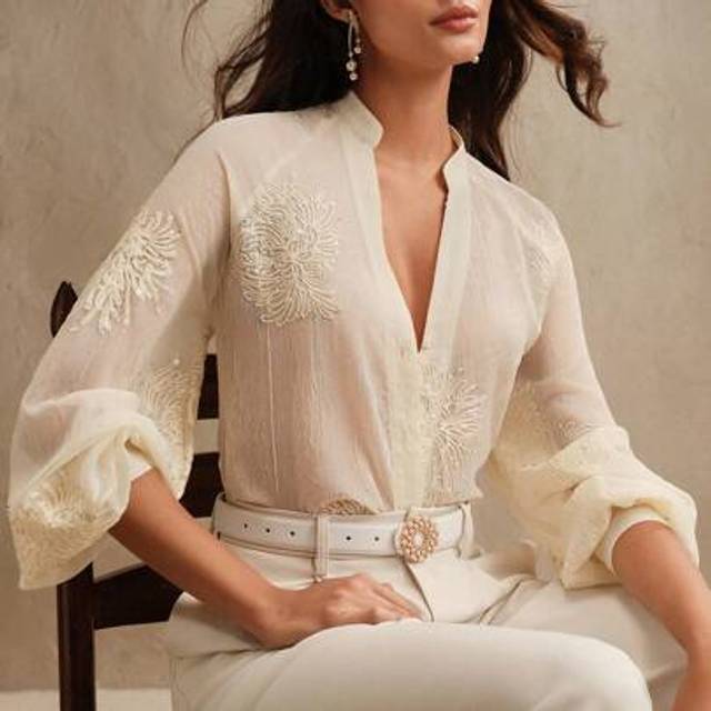 Anewsta Loose Semi-Sheer V-Neck Embroidered Long Sleeve Shirt With Colorful Sequin Detailing, Elegant Office Style For Women