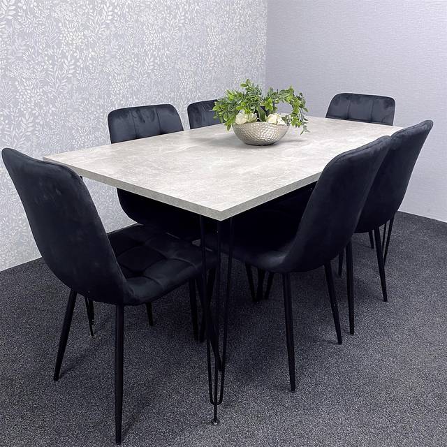 Kosy Koala Grey Wooden Dining Table Hairpin Legs With 6 Black Velvet Chairs - Dining Kitchen Room Furniture - One Size