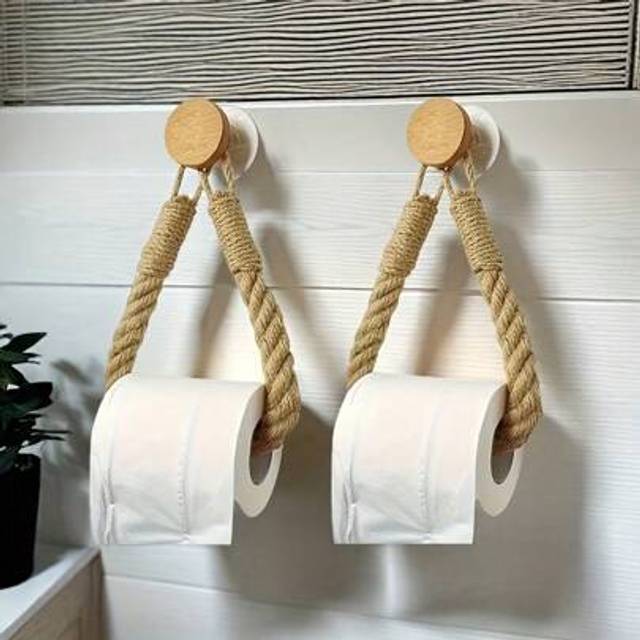 SHEIN 1pc/2pcs Woven Rope Paper Towel Holder, Wooden Bathroom Tissue Roll Stand, Creative Wall Mount Toilet Paper Organizer, Elegant & Practical Bathroom Ac