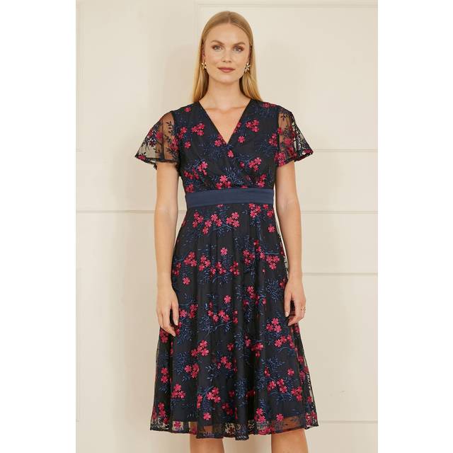 Yumi Navy Embroidered Floral Mesh Wrap Midi Skater Dress - Size 12 UK - Yumi