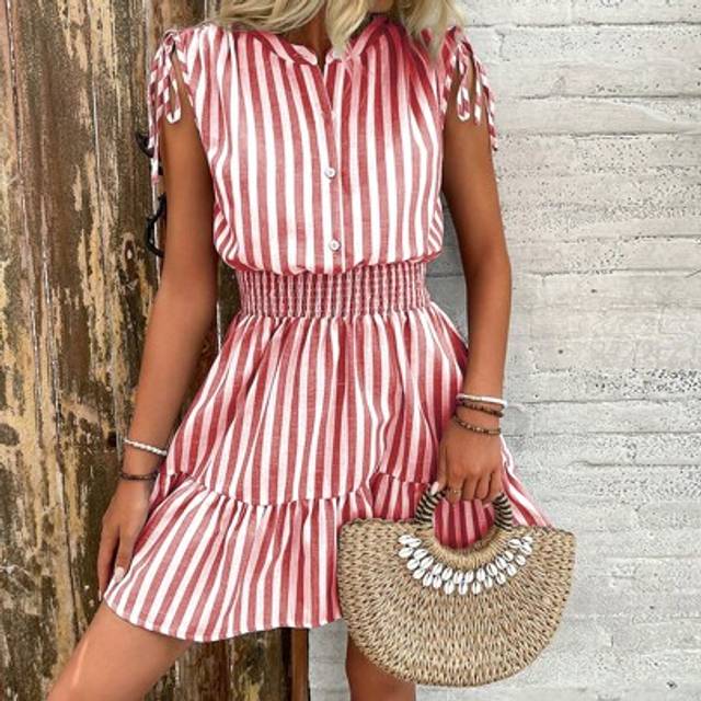 Chiquease Blue & White Striped Summer Dress With Shoulder Ruffle Bowknot And Waist Cinching For Women, Cotton