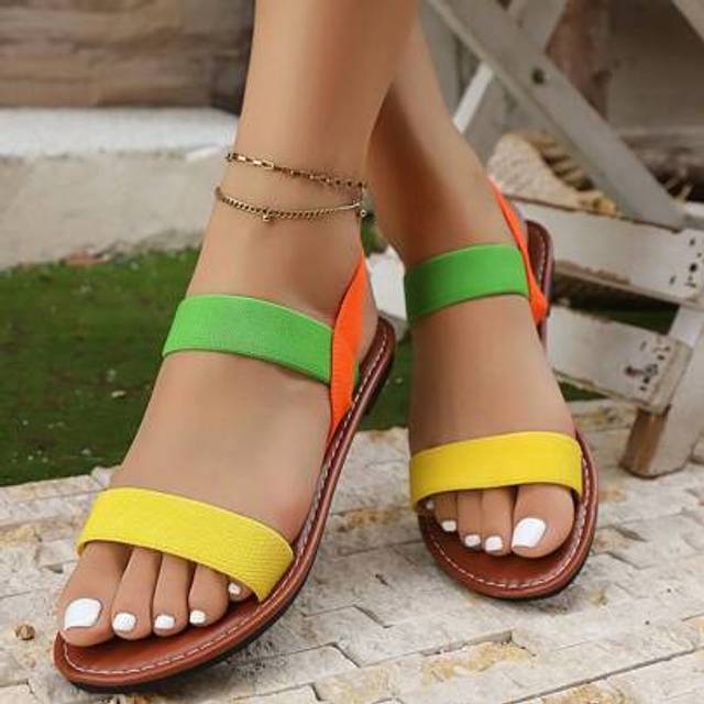 SHEIN Women&#39;s Summer Sporty Open Toe Flat Sandals With Woven Panel, Fashionable Color Blocking Design, Comfortable Breathable Beach & Vacation Sandals